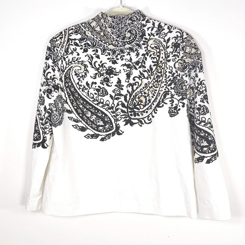 Alfred Dunner Paisley Embellished Jacket Size 14 Cotton Blend Artsy Boho White